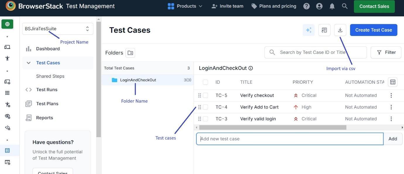 Create projects and add test cases