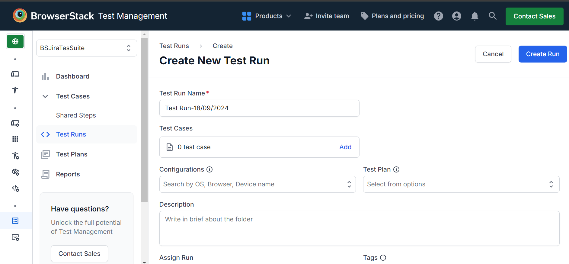 Navigate to left and select TestRuns