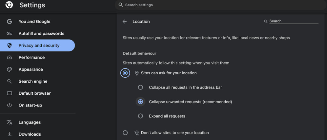 Toggle on Sites can ask to use your location