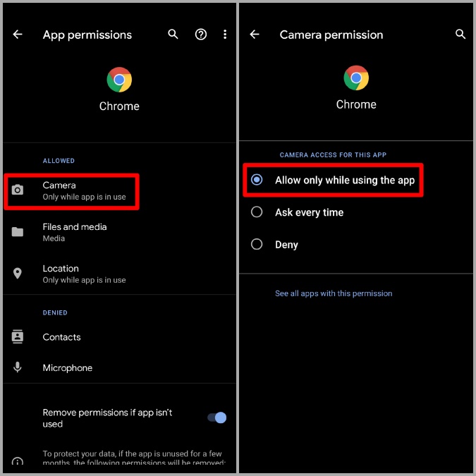 Allow Access to Camera via Chrome App Settings