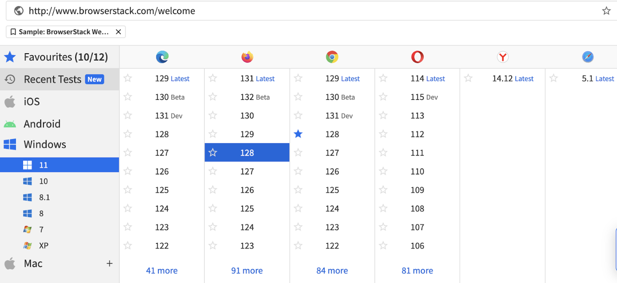 Log in to BrowserStack and choose your preferred combination