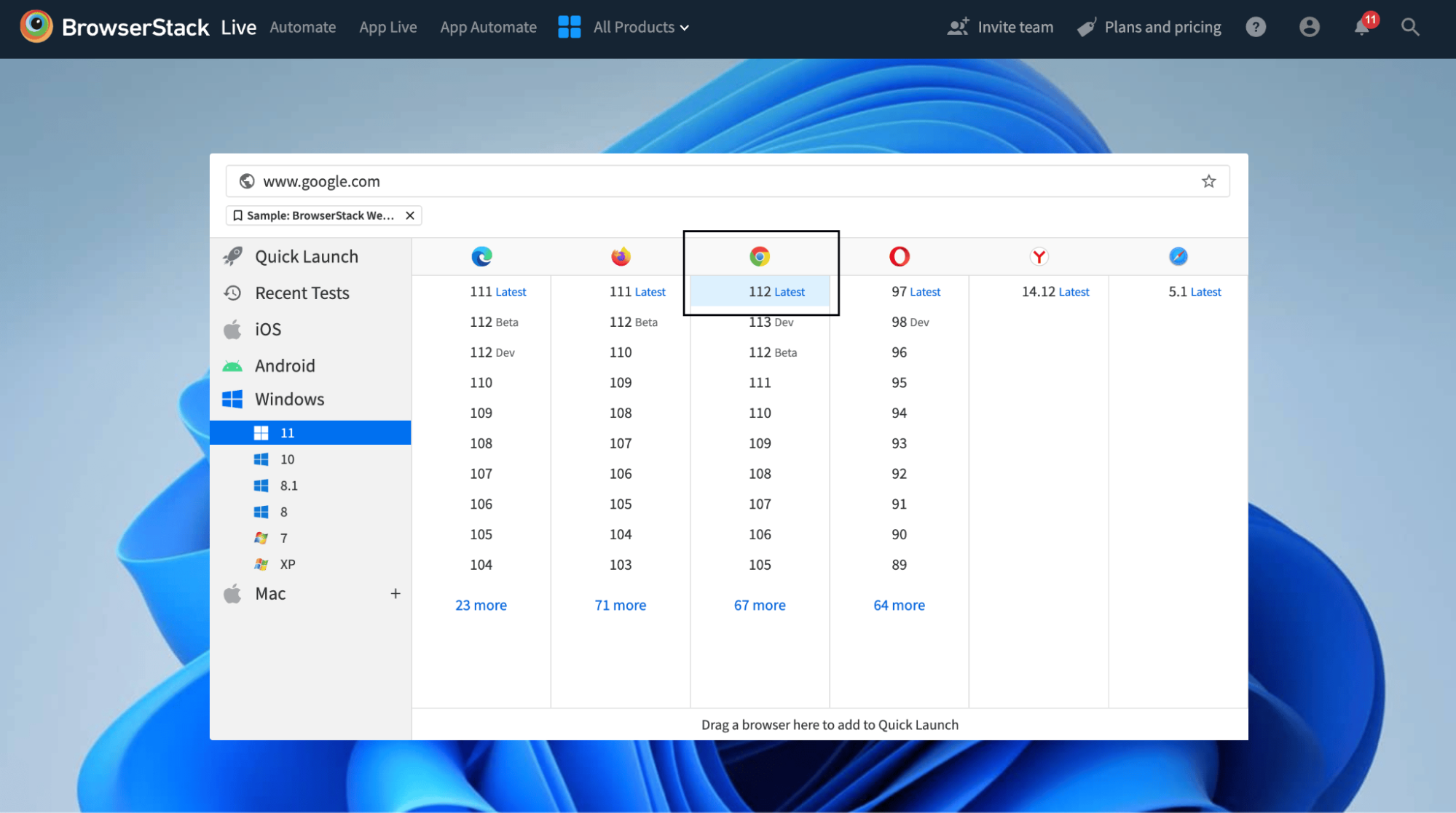 Select the Desired OS Browser Combination