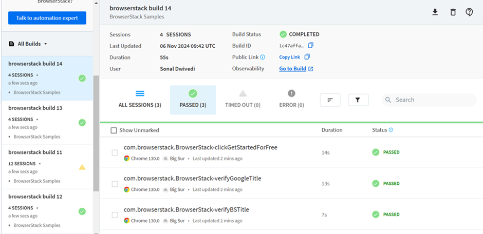 Run the test and view result in BrowserStack Automate dashboard