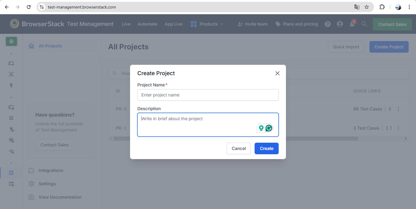 create new project in Test Management