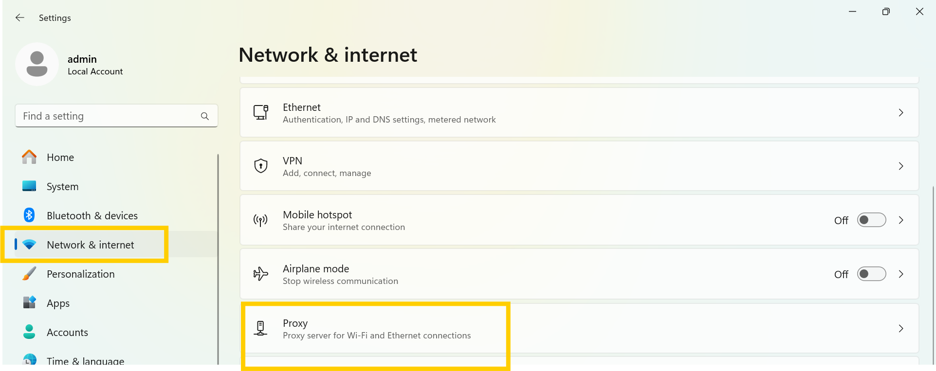 Navigate to Network Internet then Proxy