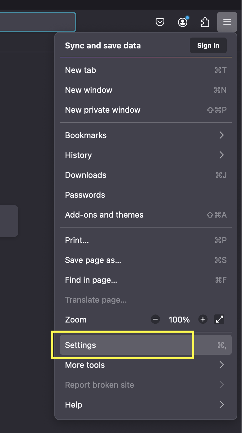 Open Firefox browser click the menu icon in the top right corner on Mac