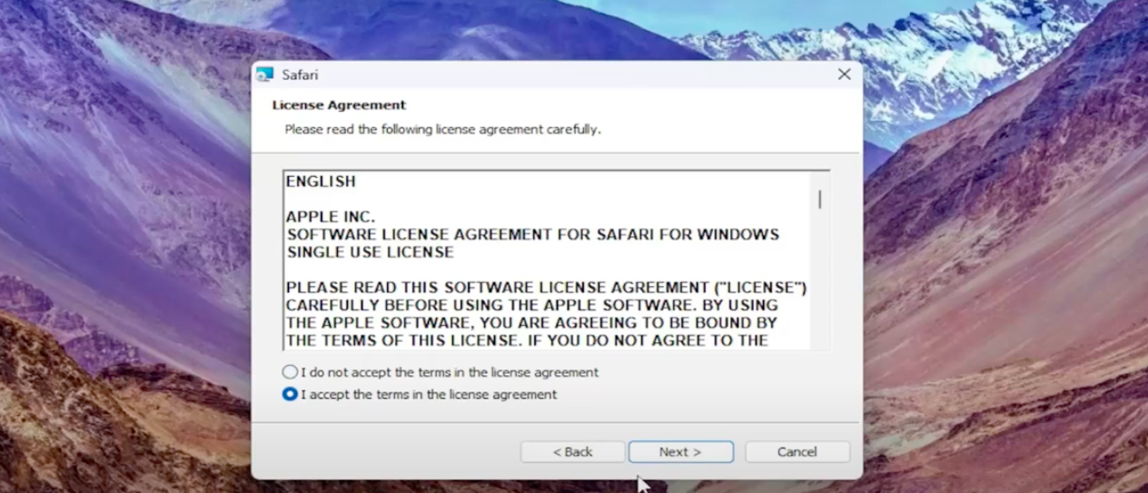 Safari installation Terms Conditions