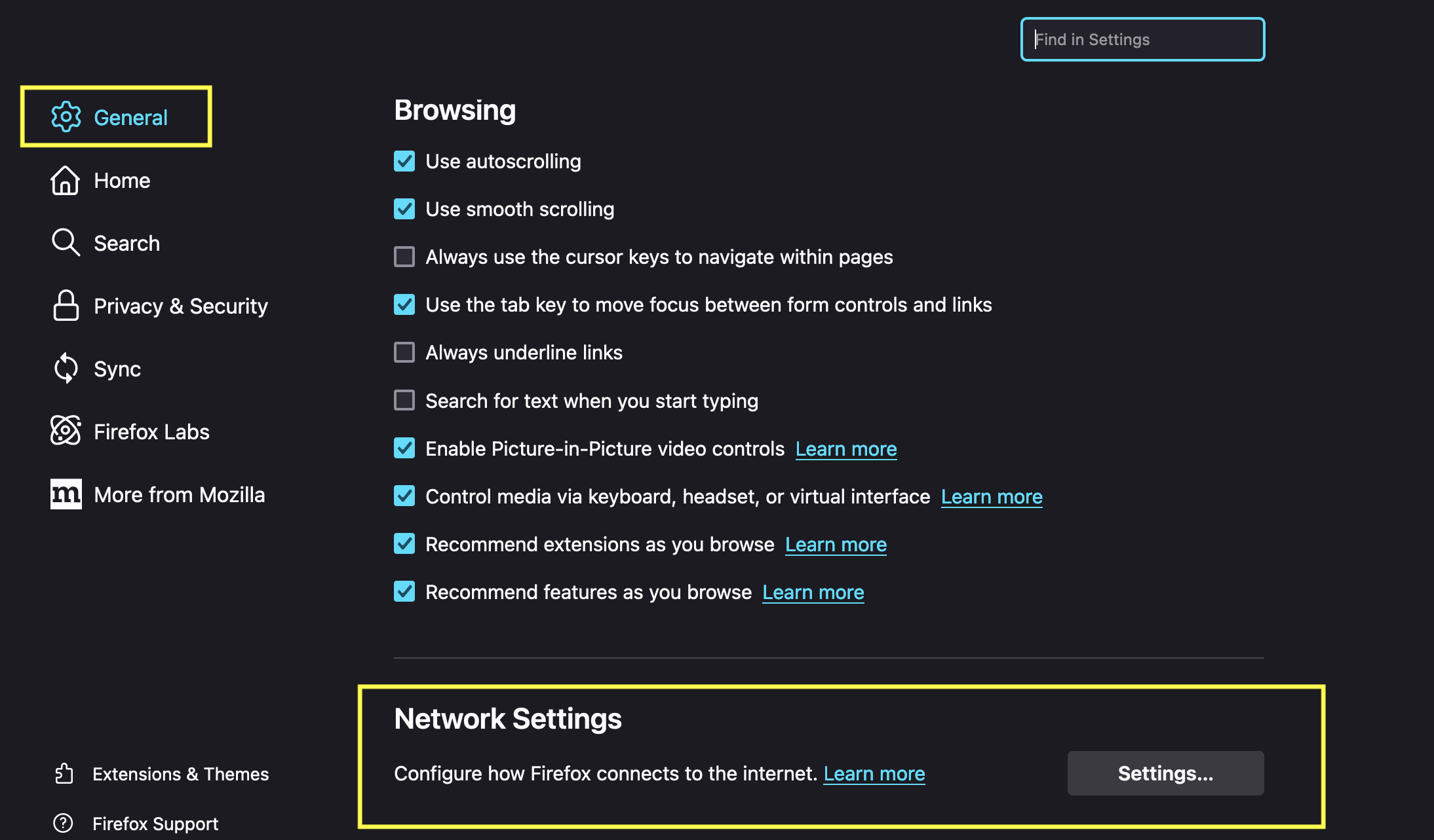 Scroll to Network Settings and click Settings in Firefox on Mac