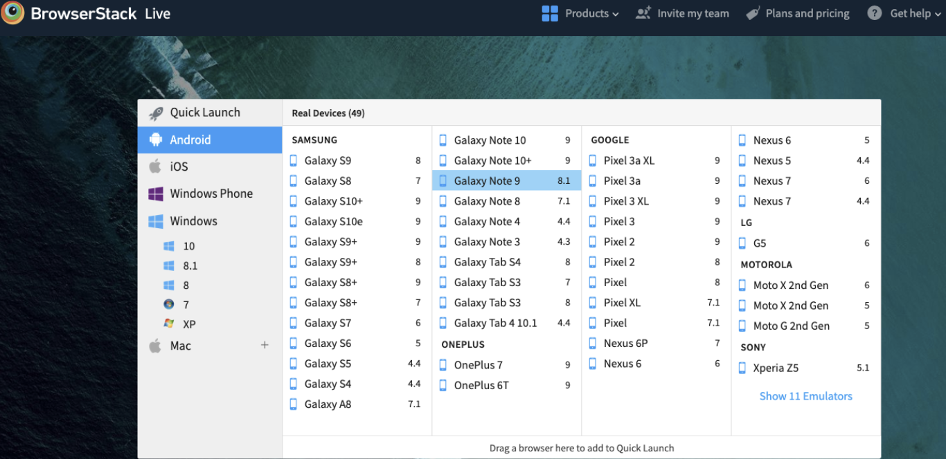 Select Device and Browser Combination on BrowserStack