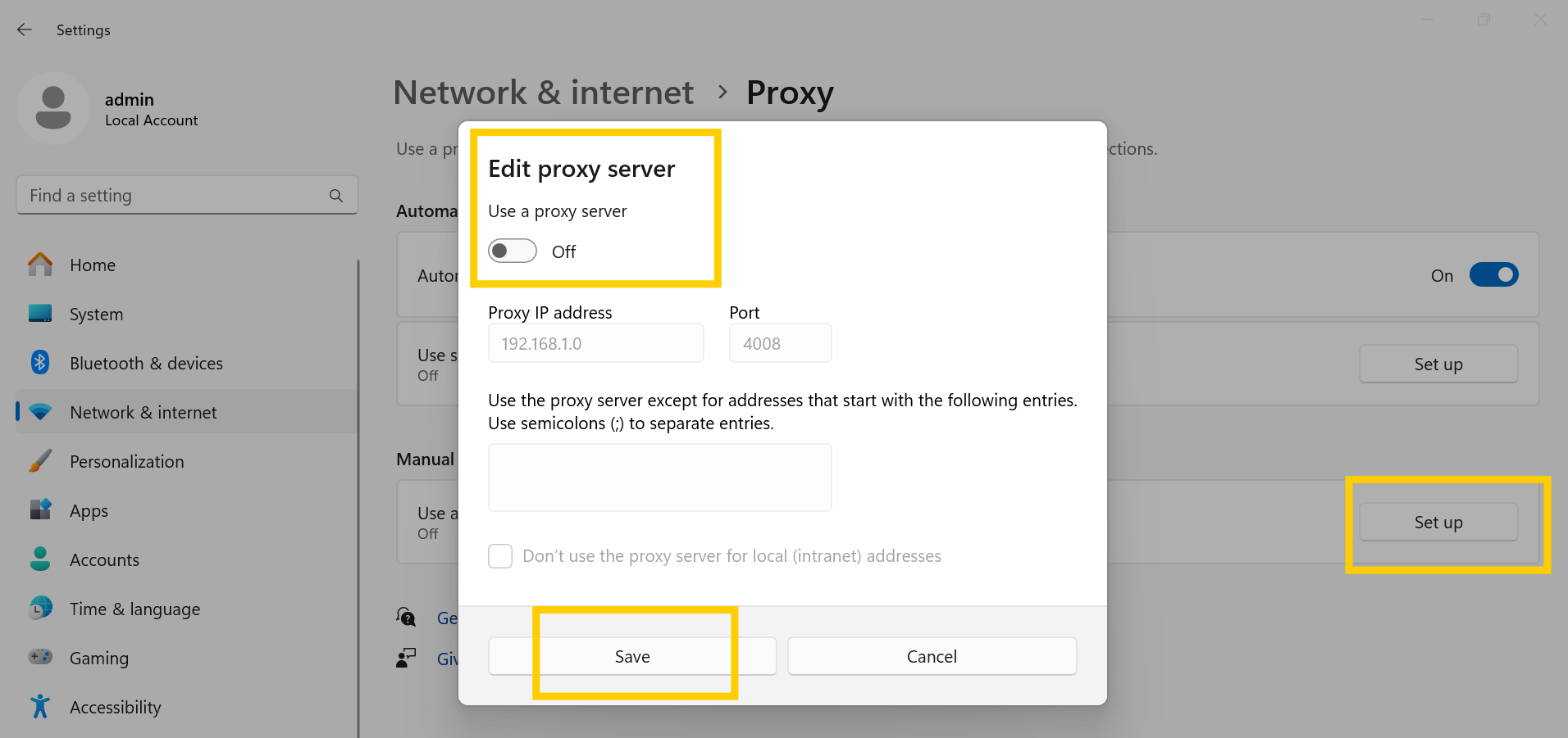 Toggle Use a proxy server to Off and click Save on Edge