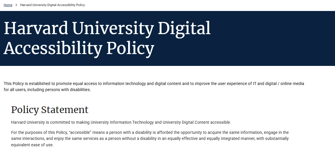 Accessibility Website Example Harvard University