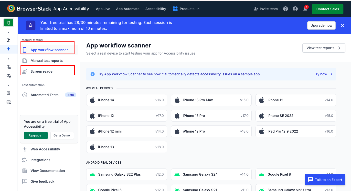 BrowserStack App Accessibility Testing Dashboard