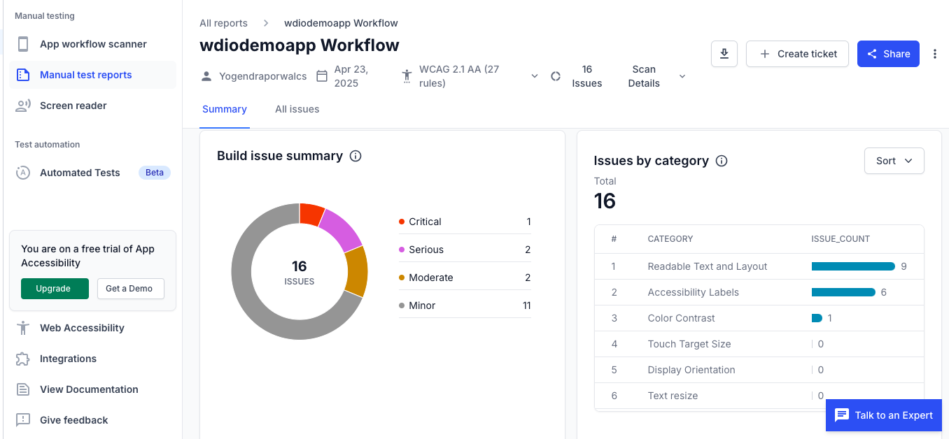 BrowserStack App Accessibility Testing Reports