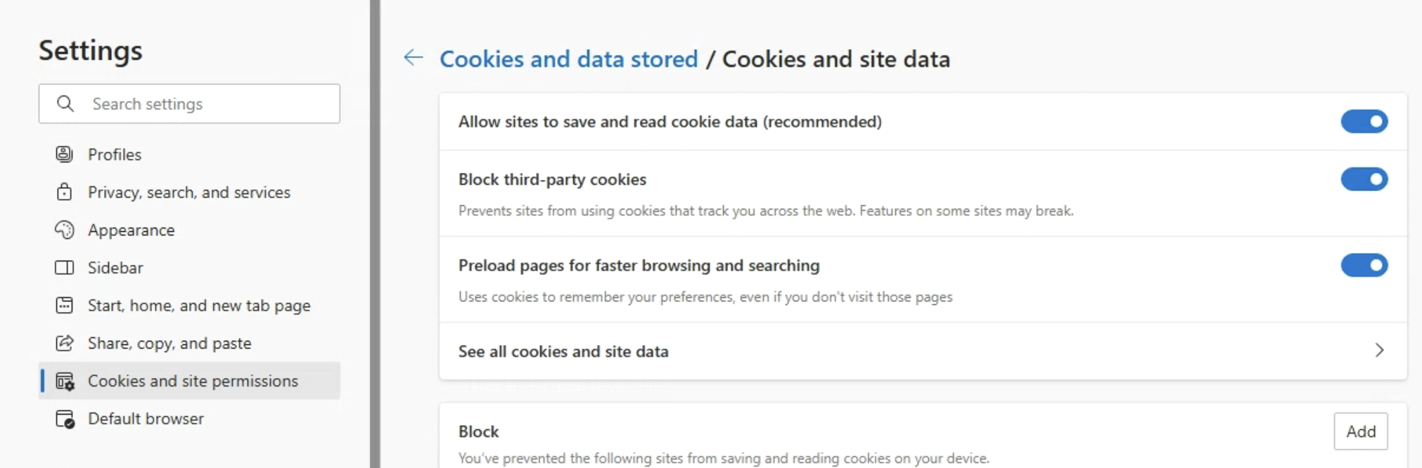 Enable Block third party cookies