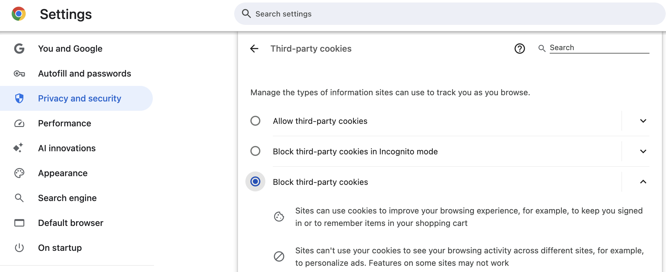 Enable Block third party cookies