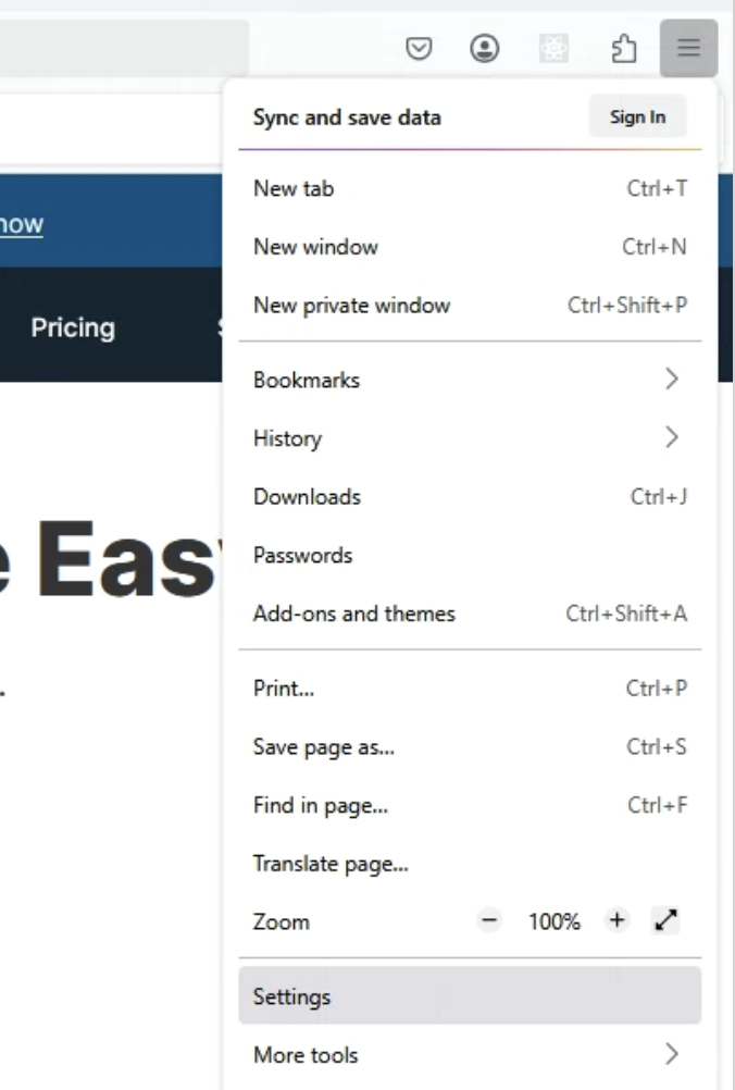 Open Settings in Firefox