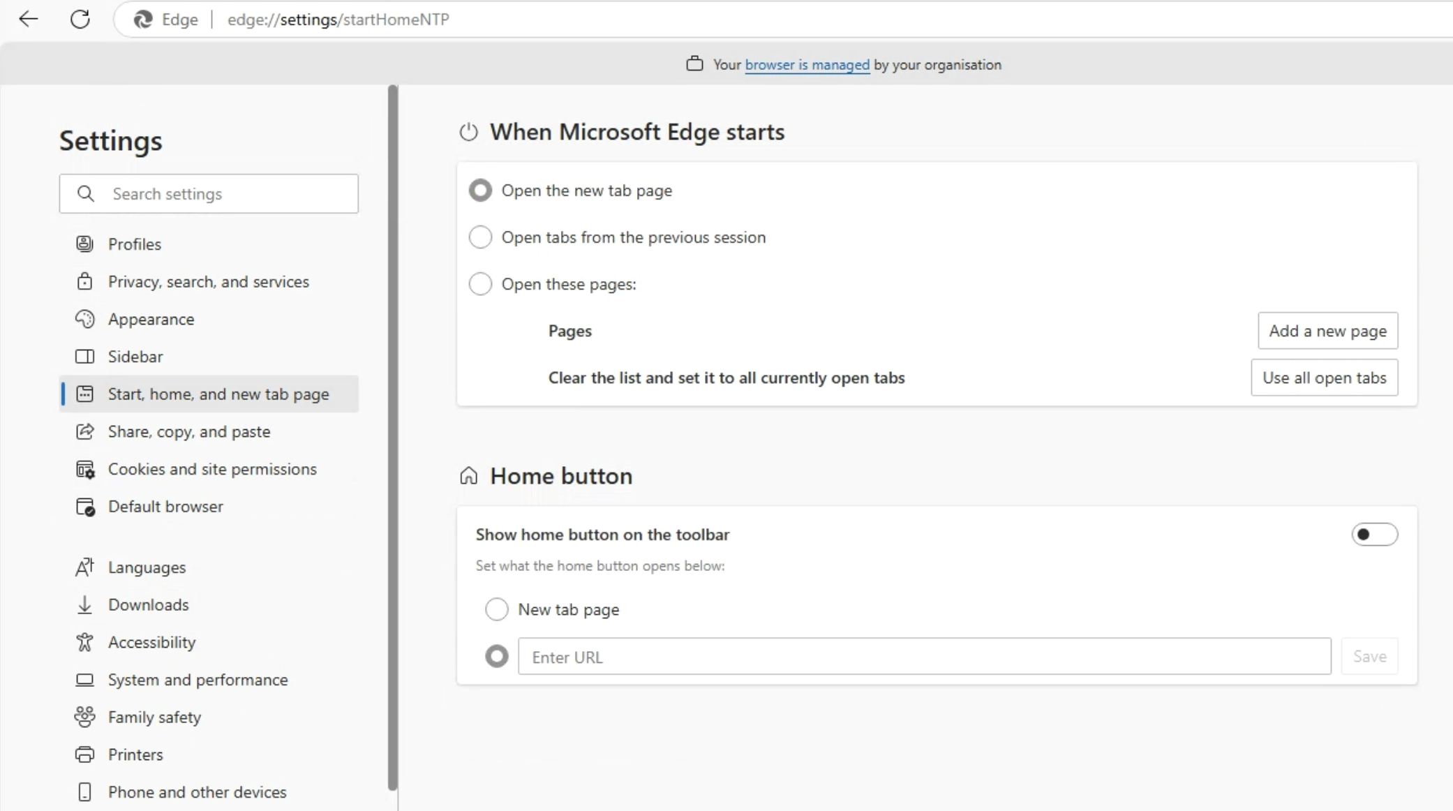 Select Start home and new tabs
