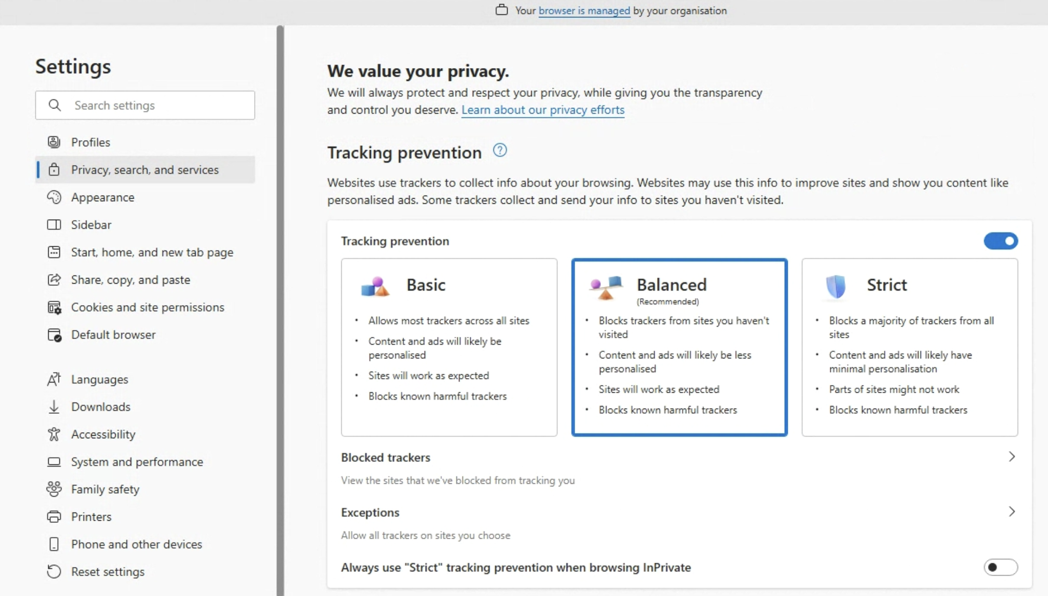 Toggle on Tracking prevention in Microsoft Egde