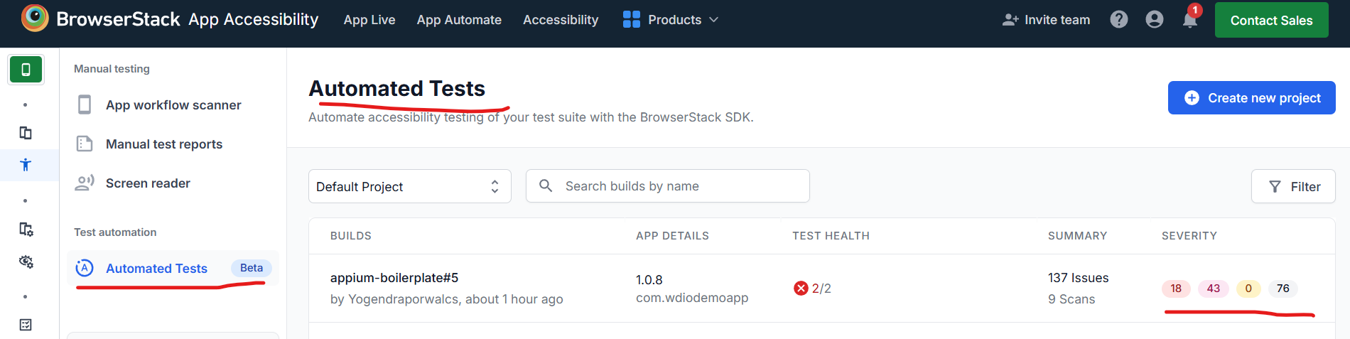 BrowserStack App Accessibility Testing Dashboard