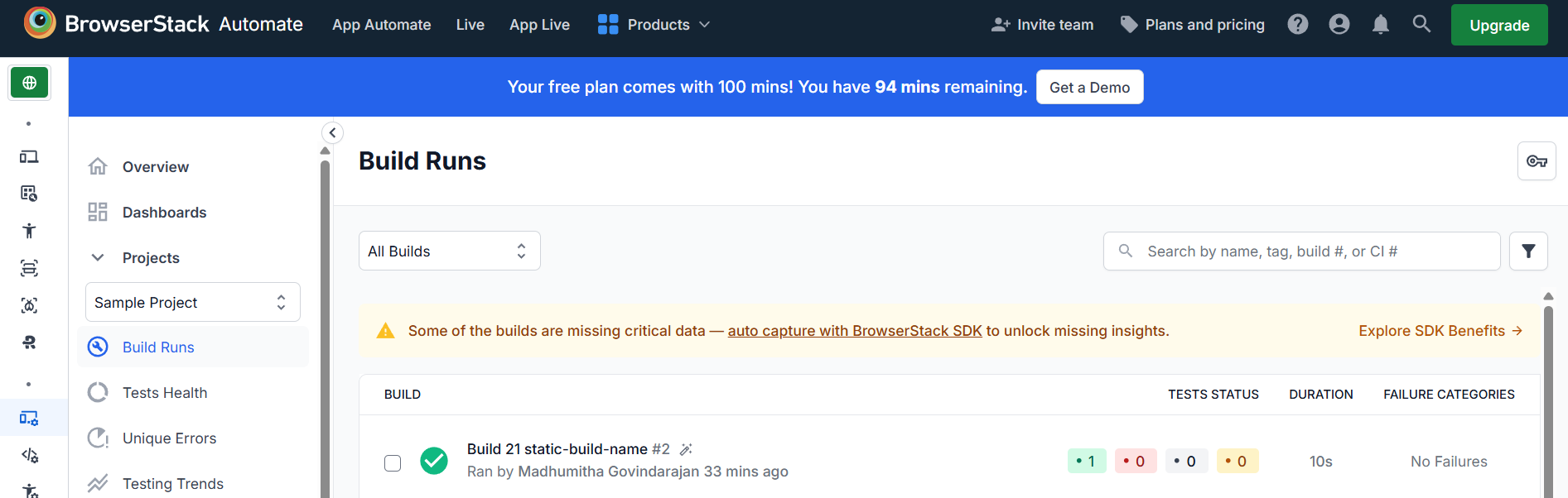 BrowserStack Automate dashboard